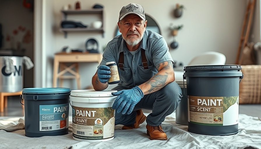Man demonstrating Paint Scentsations with paint buckets indoors.