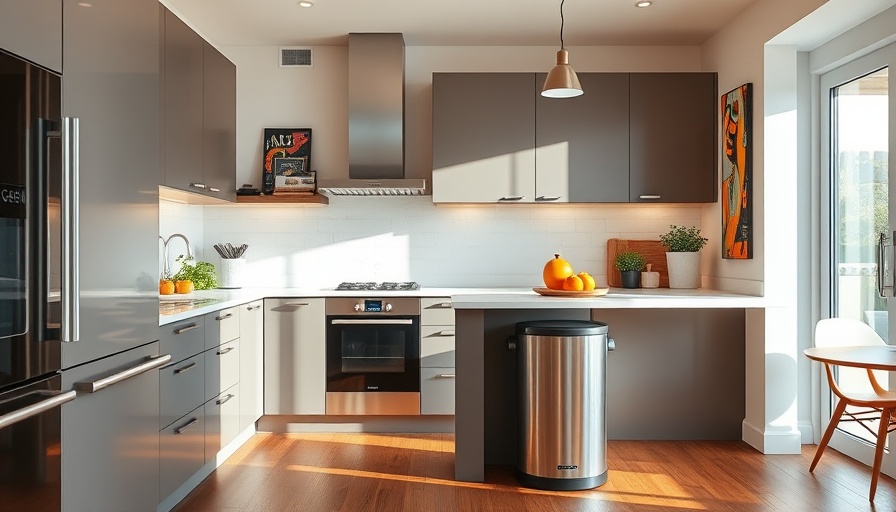 Modern kitchen with DIY trash can upgrade and vibrant decor.