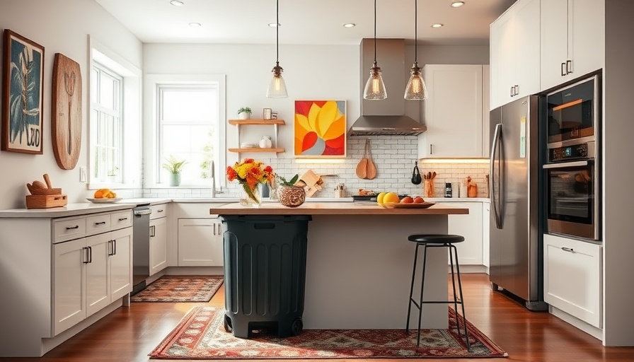 Modern kitchen featuring DIY trash can transformation and stylish decor.
