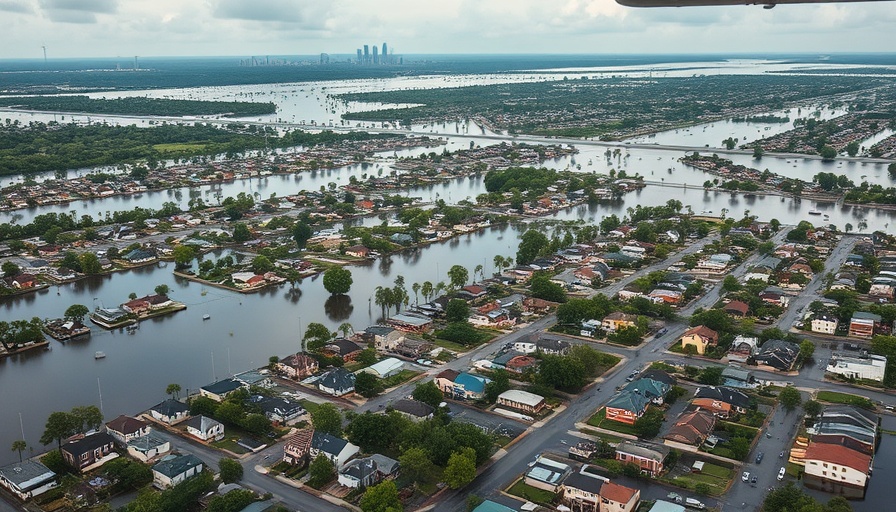 Aerial view of flooded city after Hurricane Katrina, submerged homes.
