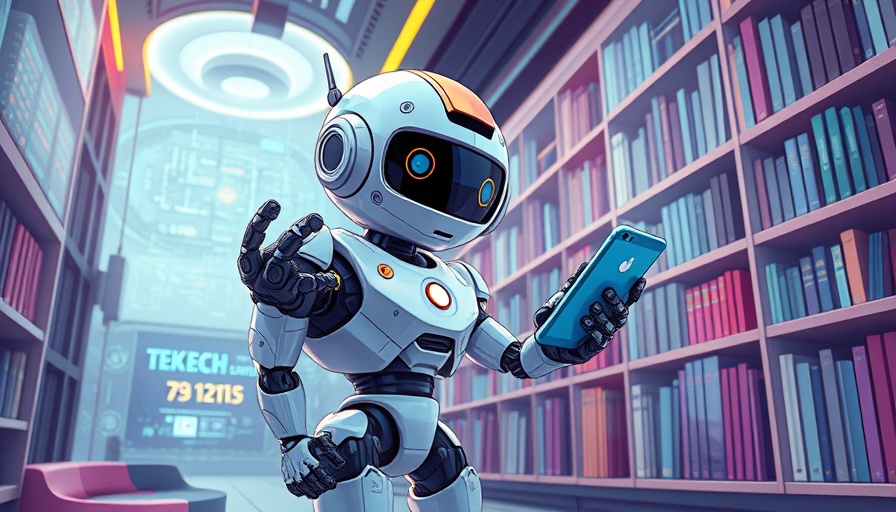 Cartoon robot exploring tech library, futuristic setting.