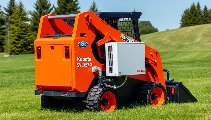 Kubota SVL97-3 with Loftness hydraulic cooler in grassy area.
