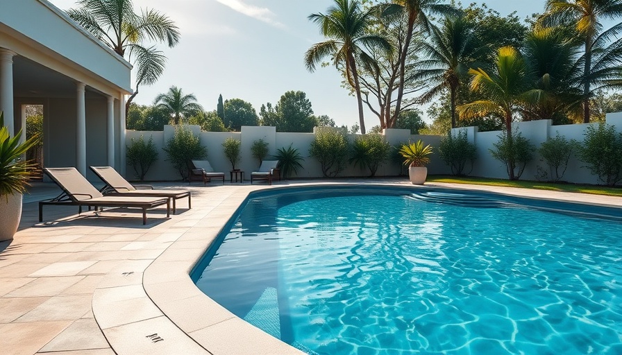 Modern fiberglass pool with low maintenance design on a tiled patio.