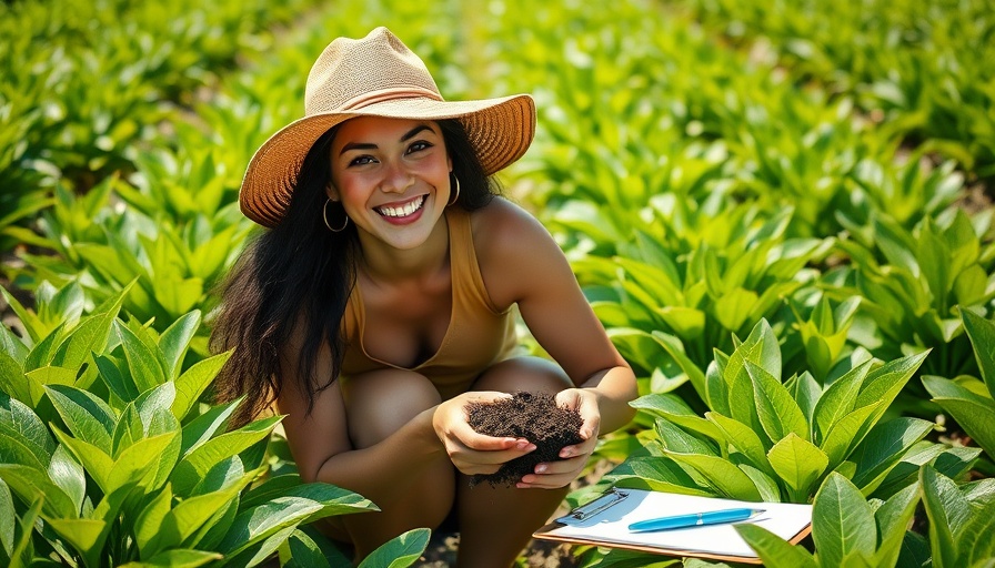 Woman with sun hat examining healthy soil in lush field.
