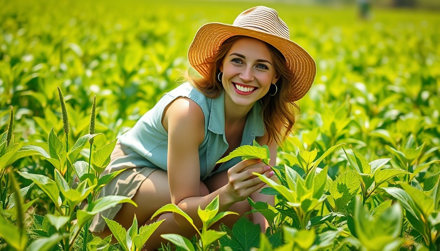 Woman examining plants in a field, highlighting the importance of healthy soil.