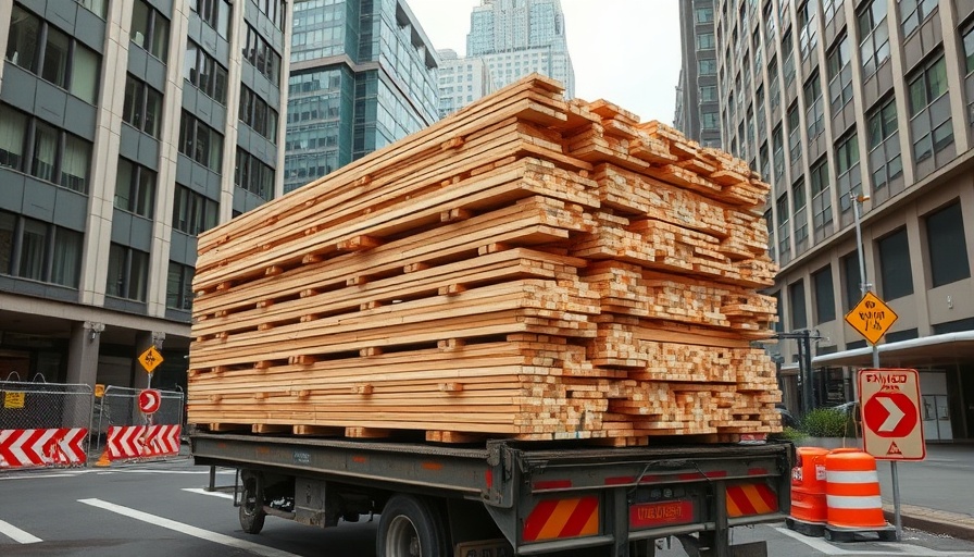 Urban timber sustainability scene with stacked planks on a truck.