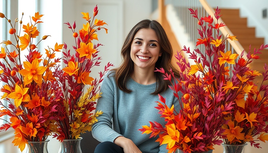 Woman sitting with faux fall branches in vases, modern decor.