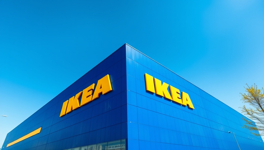 Blue IKEA store exterior under a clear sky.