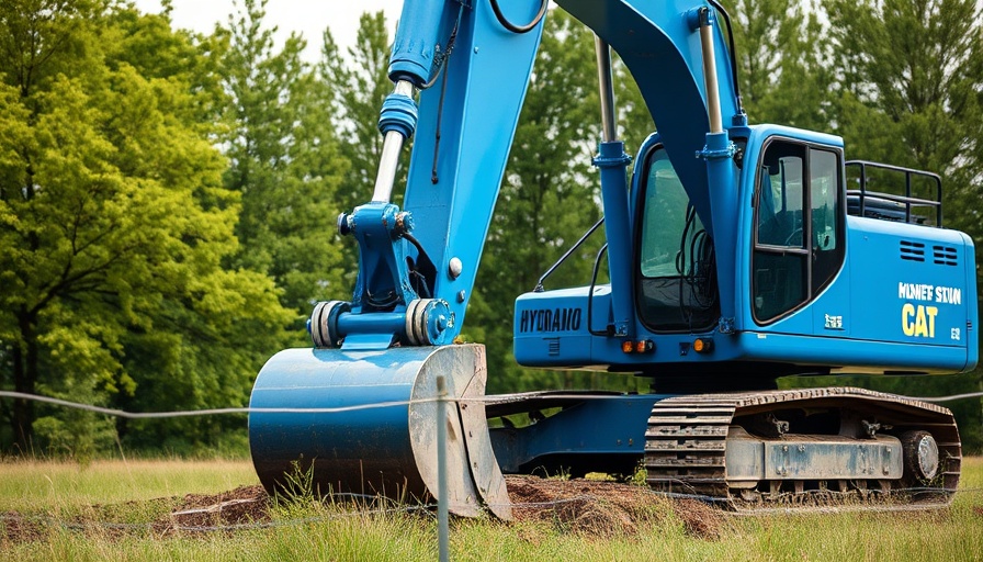 Blue excavator with hydraulic breaker operating on grass.
