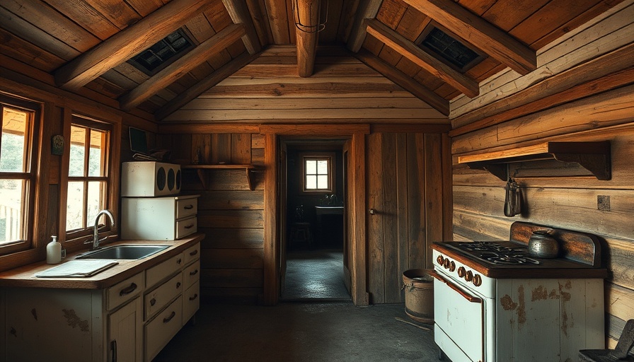 Rustic guest cottage interior with vintage decor and wooden walls.