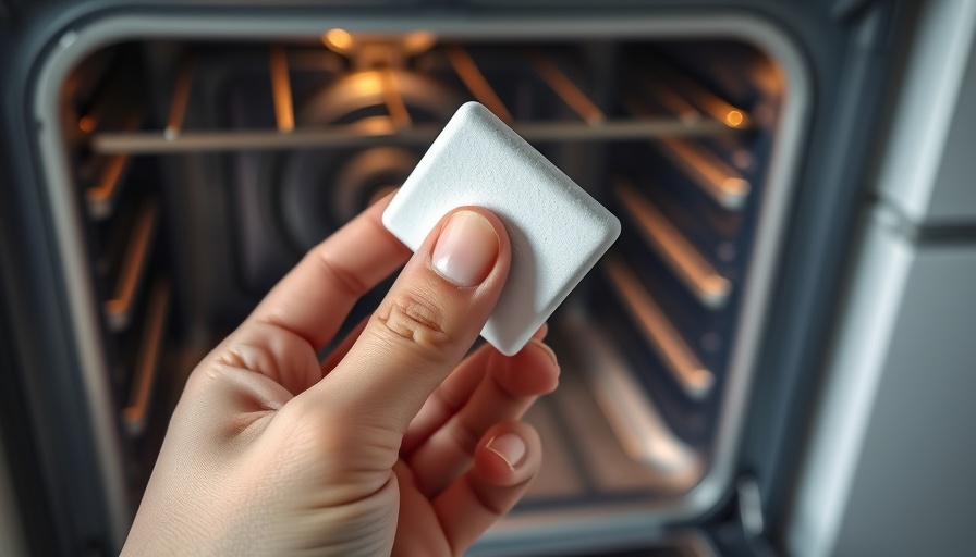 Hand holding magic eraser in kitchen, microplastics risks focus.