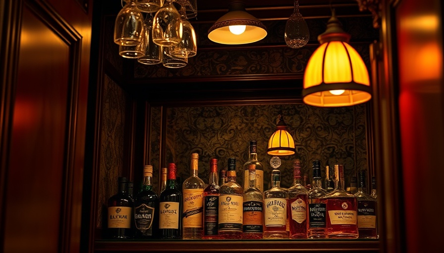 Coat closet speakeasy with vintage lamp and liquor bottles.