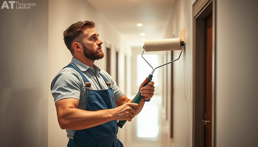 Painter using inner feed paint roller in modern hallway.