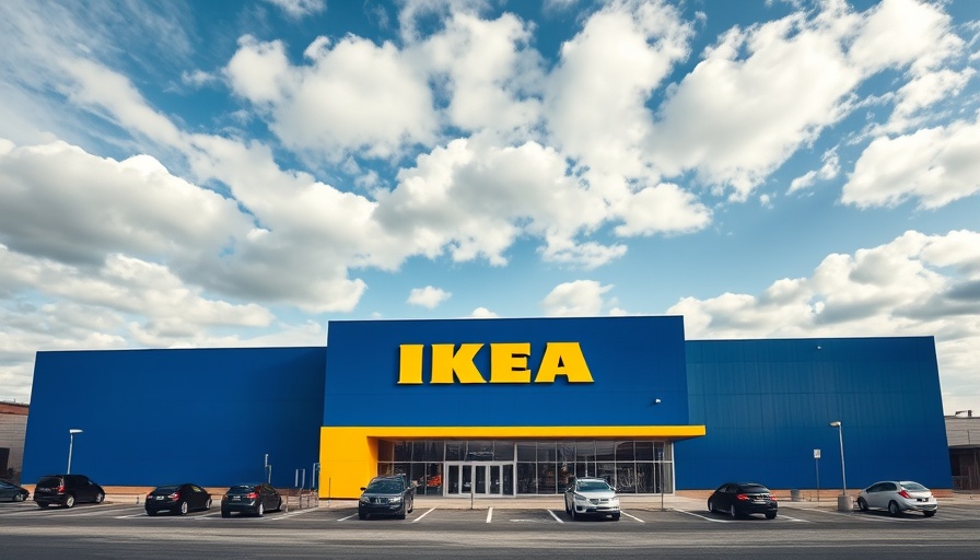 Colorful IKEA storefront under blue sky with clouds