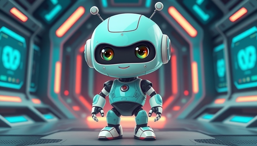 Futuristic teal robot amid digital panels, rumored Apple products 2025.