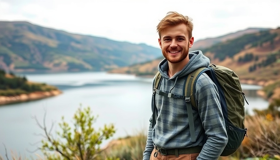 Young adult in hiking gear by a lake, M.S. in Climate Finance inspiration.