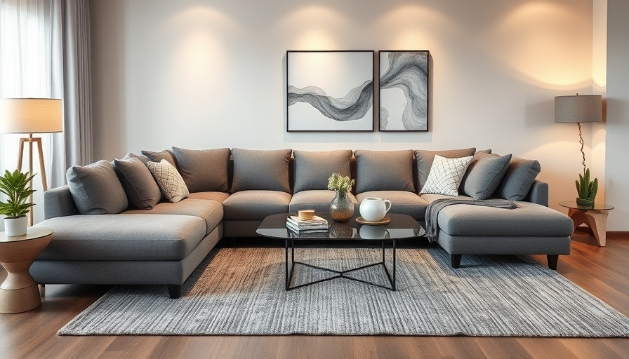 Quality Rugs at Room & Board: Modern living room with grey sectional.
