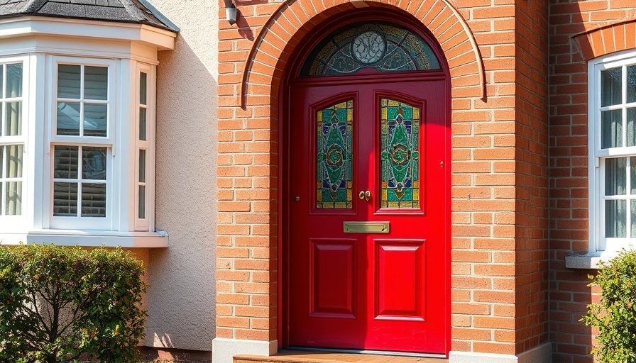 Vibrant red composite front door with stained glass and red arch showcasing composite front doors advantages.