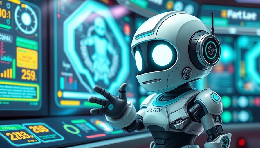 Futuristic cartoon robot interacting with digital display, smart home entertainment without a remote.