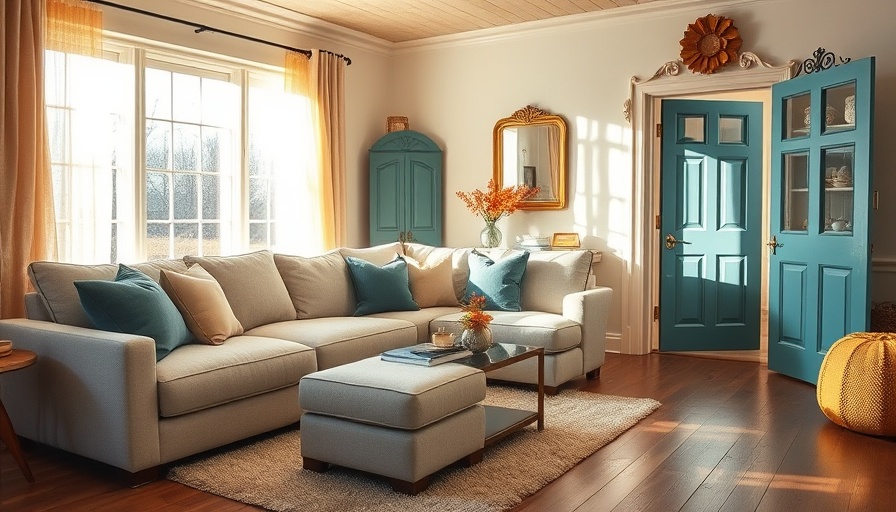 Warm living room with soft blues in fall decor, inviting ambiance