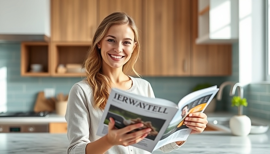 Woman displaying a magazine spread in stylish river house kitchen.