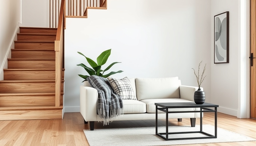 Modern river house entryway design with elegant beige couch and wooden stairs.