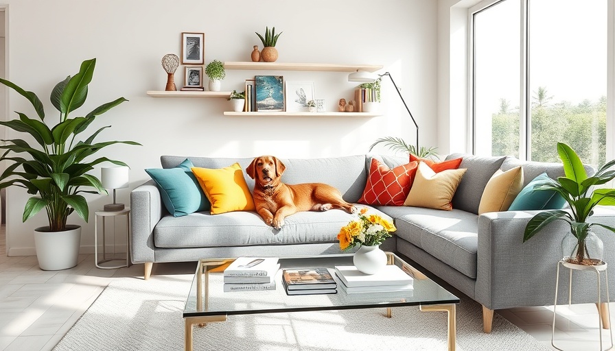 Furbish Studio home decor in cozy living room with a dog on a gray sofa