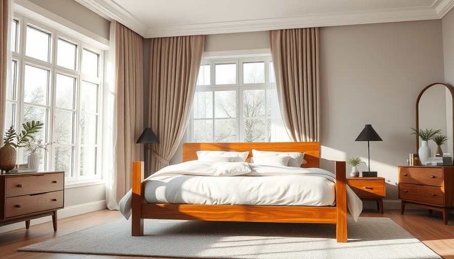 Cohesive styling of bed against window with light and drapes.