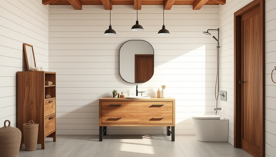 Modern bathroom with wooden vanity and bright decor.