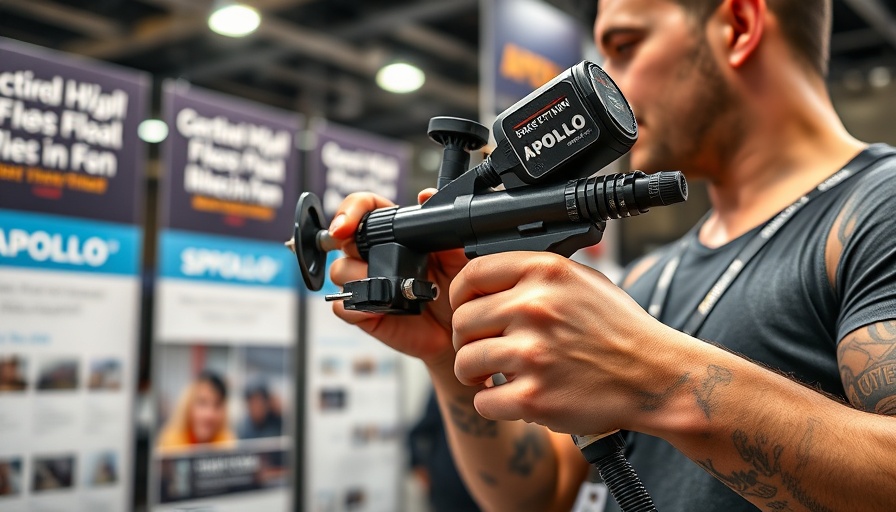 Person showcasing Apollo HVLP Black Edition spray gun at trade show.