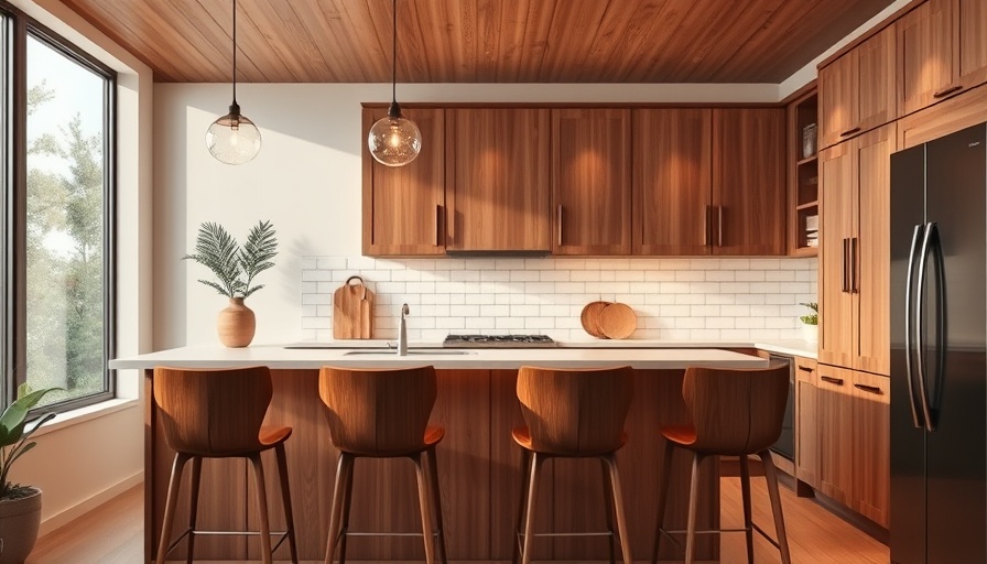 Modern kitchen with wooden cabinets and bar stools, natural light.