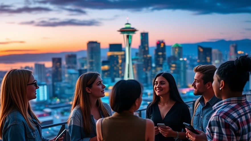 Seattle skyline at dusk with professionals discussing tech job market Seattle.