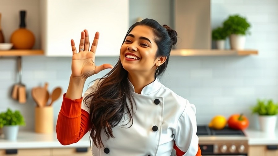 female chef laughing and doing chef's kiss in modern kitchen.