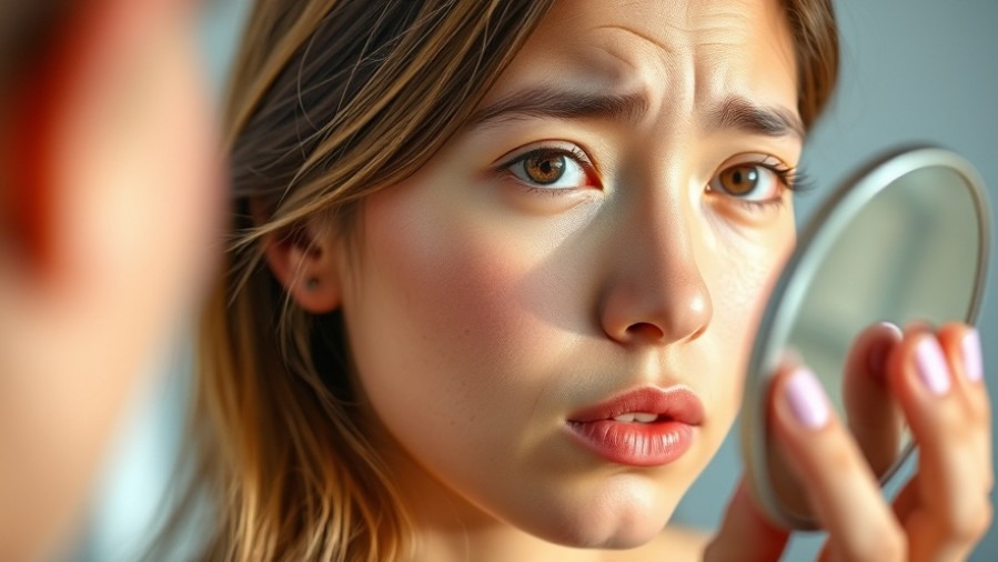 Concerned young woman examining skin imperfections, highlighting nutritional gaps for healthy skin.
