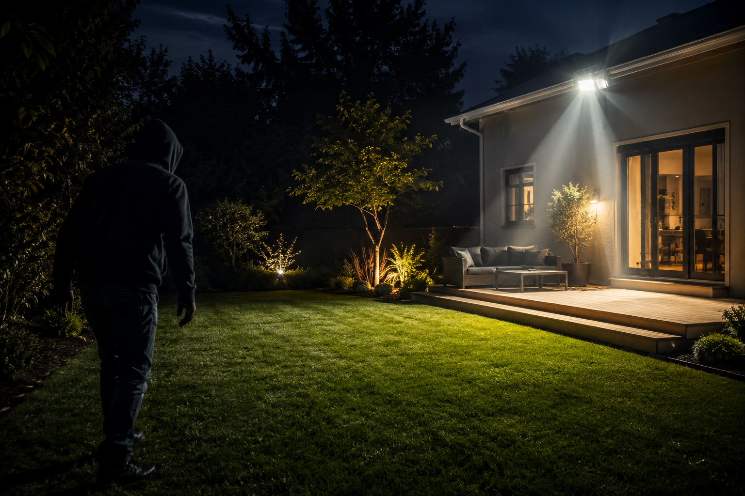 Photorealistic suburban backyard without a fence — motion lights activating as a suspicious figure approaches from the shadows