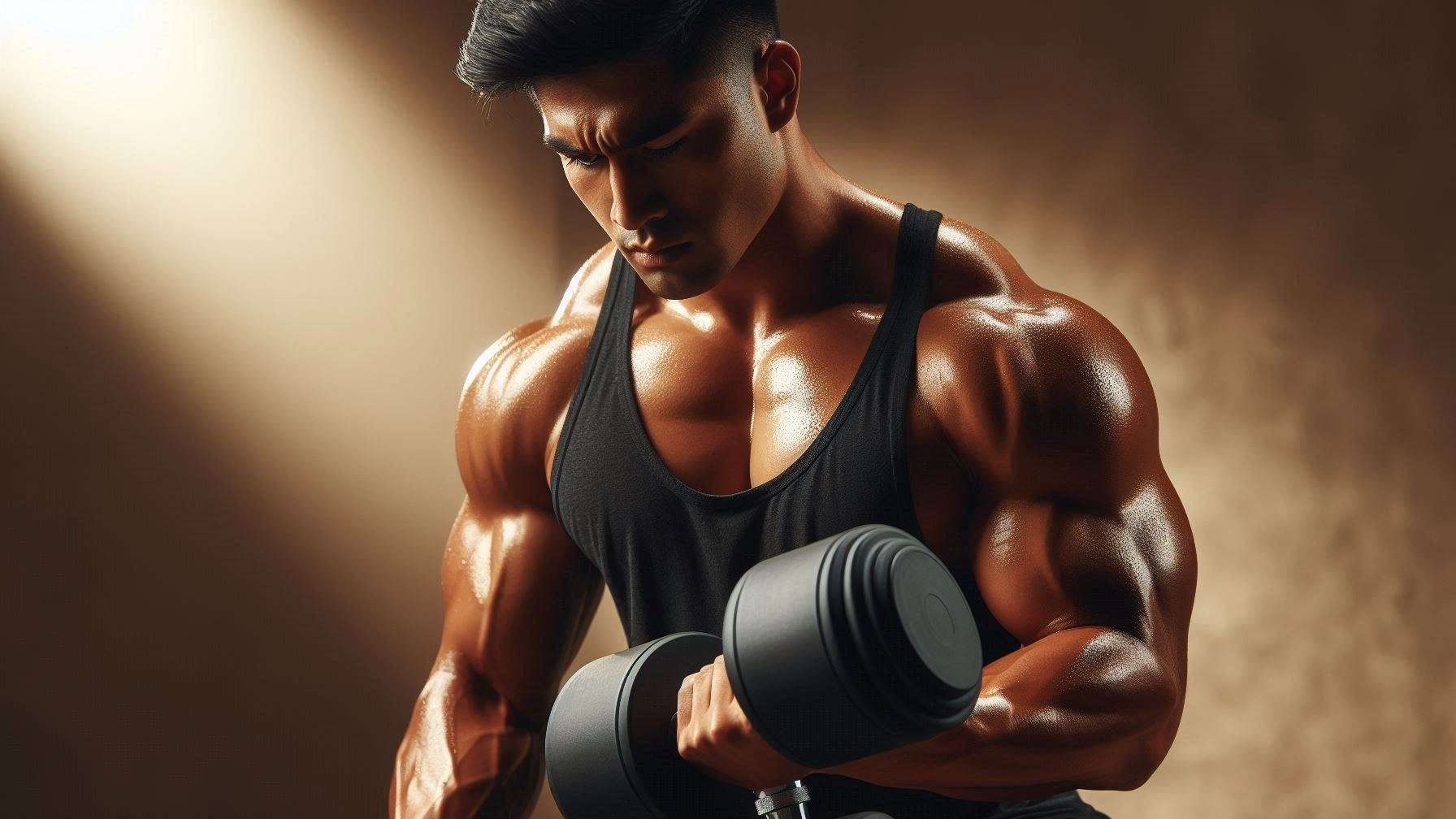 Focused muscular man performing workout with dumbbells, 40-Min Full Body Dumbbell Workout.