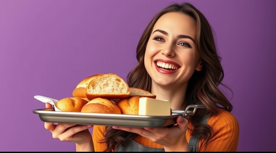 Smiling woman with bread and butter, promoting healthy fats for insulin sensitivity.