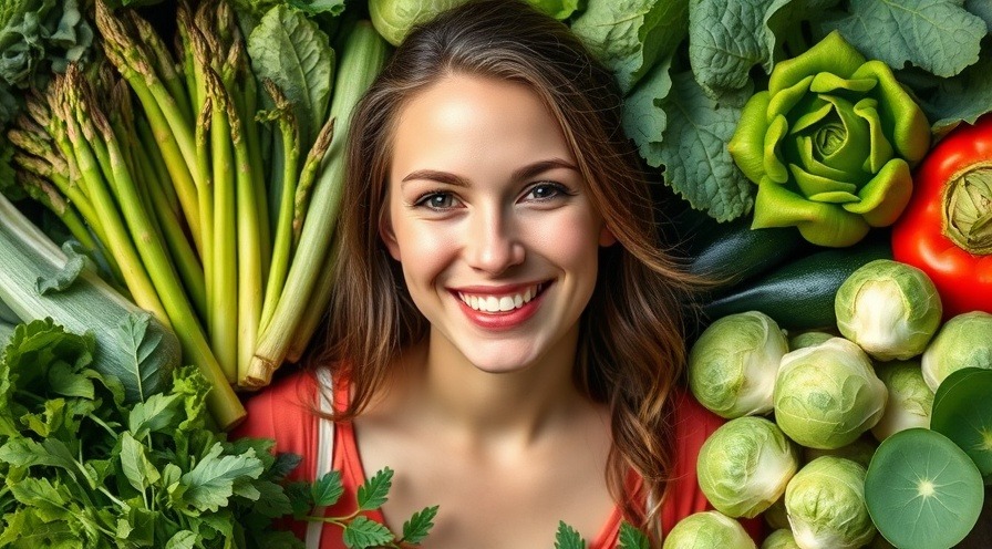 Smiling woman amidst fresh vegetables, promoting ketogenic diet for diabetes management.
