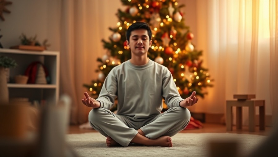 Person meditating in cozy pajamas by a Christmas tree at dawn.