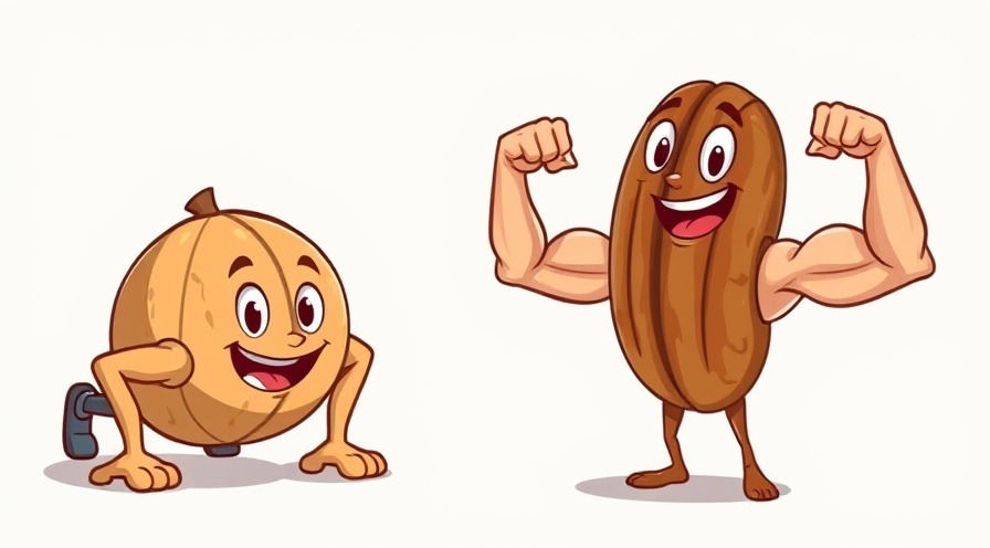 Cartoon walnut doing pushups and pecan flexing biceps, fit nut characters