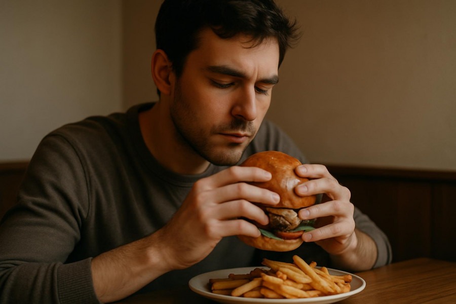 man enjoying a hearty burger and fries, embracing a healthy eating plan.
