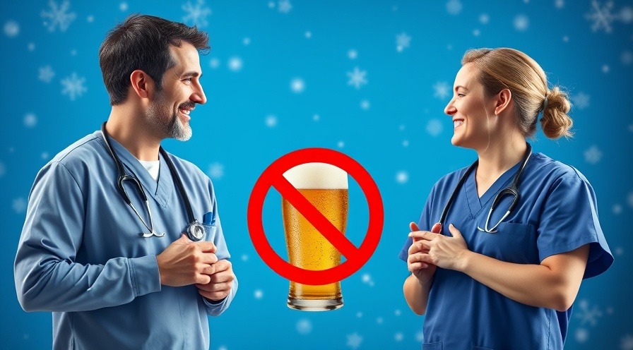 Two doctors smiling while discussing health, promoting no alcohol message.