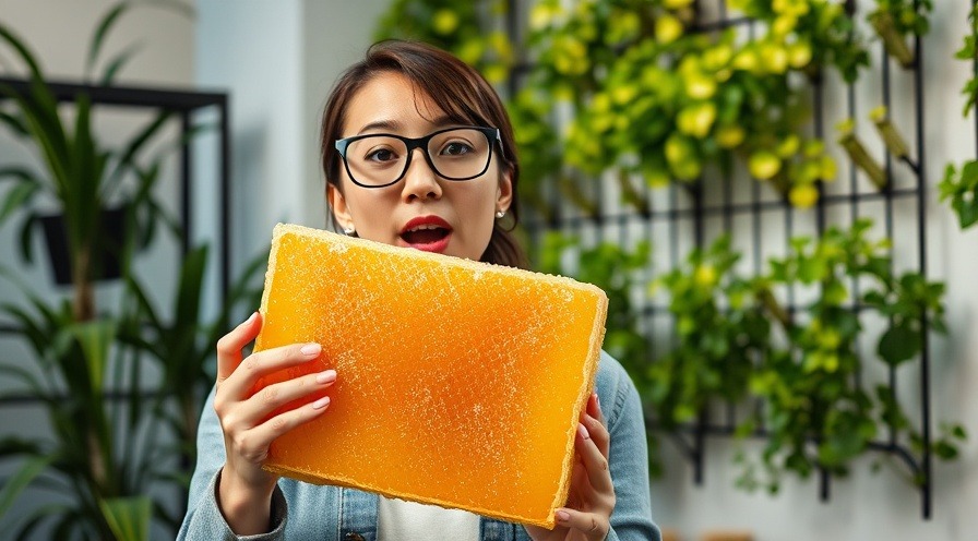 Young woman discussing healthy eating while holding honeycomb in vibrant indoor garden.