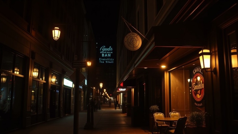 Moody nighttime street in downtown Raleigh showcasing a hidden speakeasy entrance.