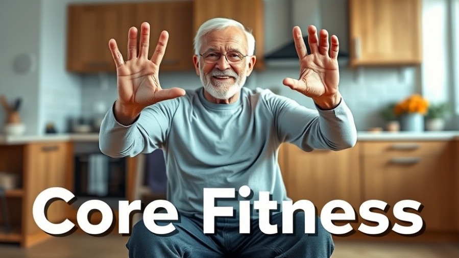 Energetic senior citizen exercising on a chair, promoting senior mobility fitness.