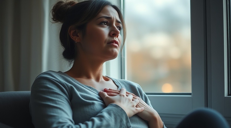 Thoughtful young mother reflecting on maternal heart health by a window.