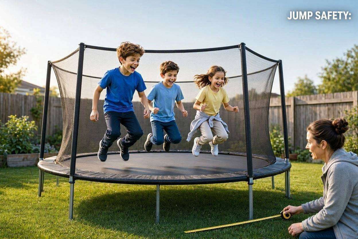 Excited kids jumping safely on a trampoline, monitored by a concerned parent.