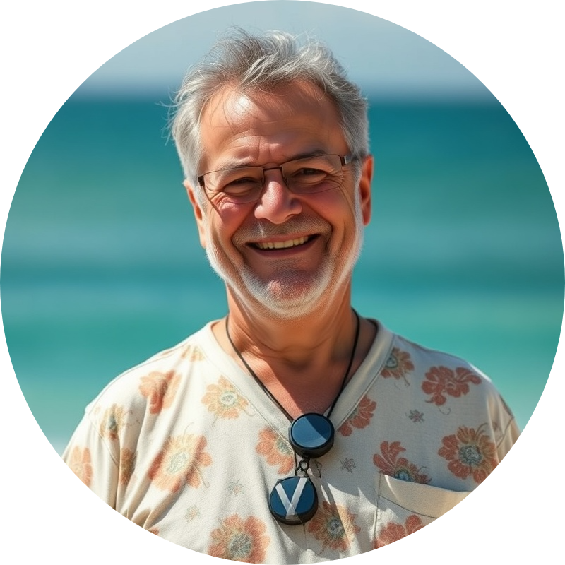 Chubby mixed race 60-year-old male smiling in summer clothing