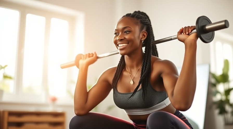 Confident woman strength training in stylish athletic wear in bright home gym.