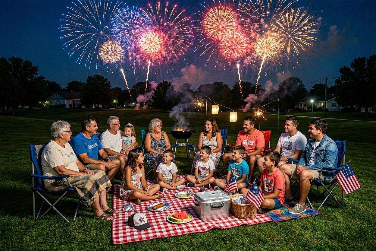 Family enjoying food & NC fireworks on 4th of July